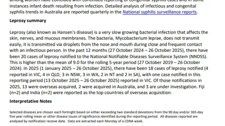 National Notifiable Diseases Surveillance System (NNDSS) fortnightly reports – 13 October 2025 to 26 October 2025
