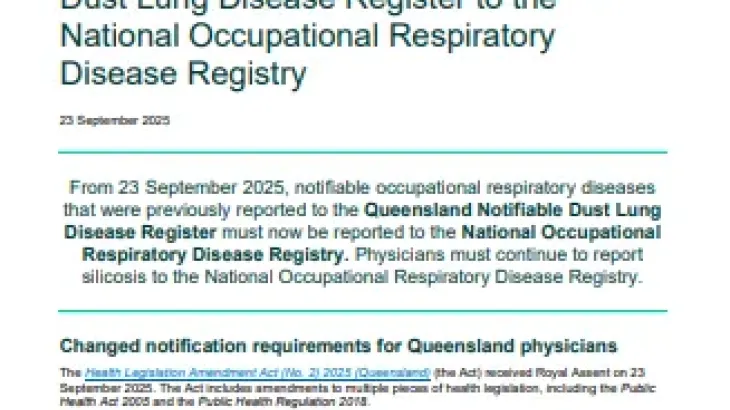 NORDR – Transition from the Queensland Notifiable Dust Lung Disease Register to the National Occupational Respiratory Disease Registry – Fact sheet
