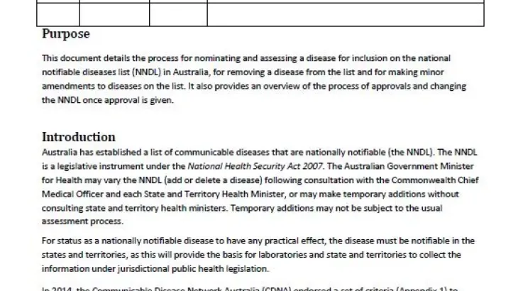 Protocol for making a change to the National Notifiable Diseases List in Australia